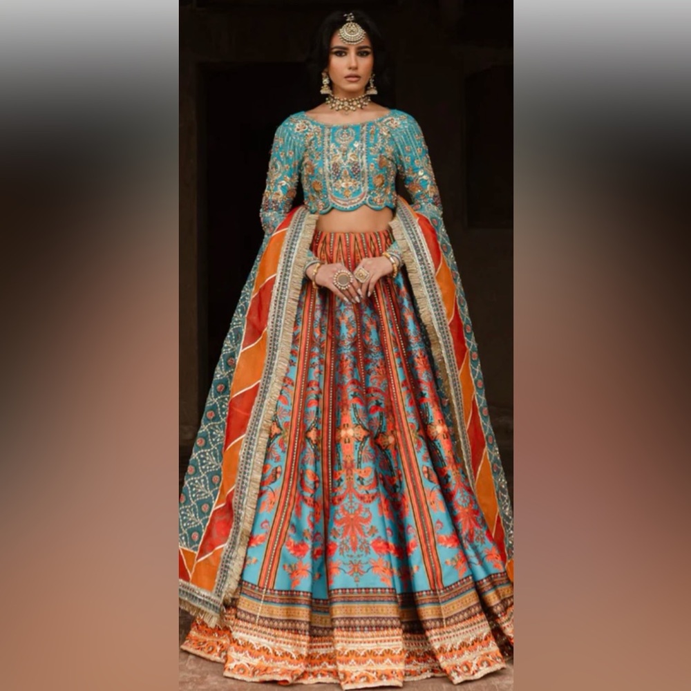 Embroidered Blue and Orange Lehenga Choli